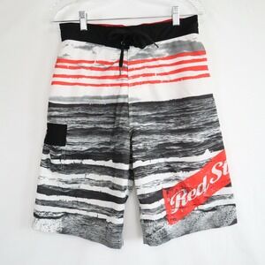 Red Stripe Board Shorts Mens Medium Elastic Waist Mesh Lined Swim Trunks Beer
